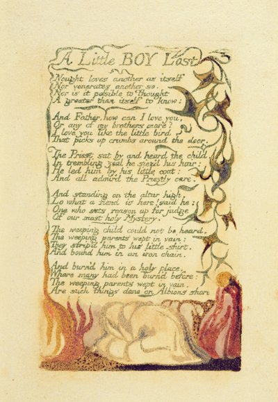 「リトルボーイロスト」、1794年「Songs of Experience」のプレート42、カラープリントレリーフエッチング、WC付き 作： William Blake